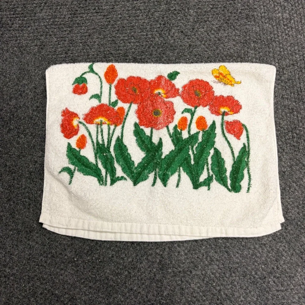 Vintage Dishman Red Poppy Floral Cotton Hand Towel White Butterfly Retro Decor